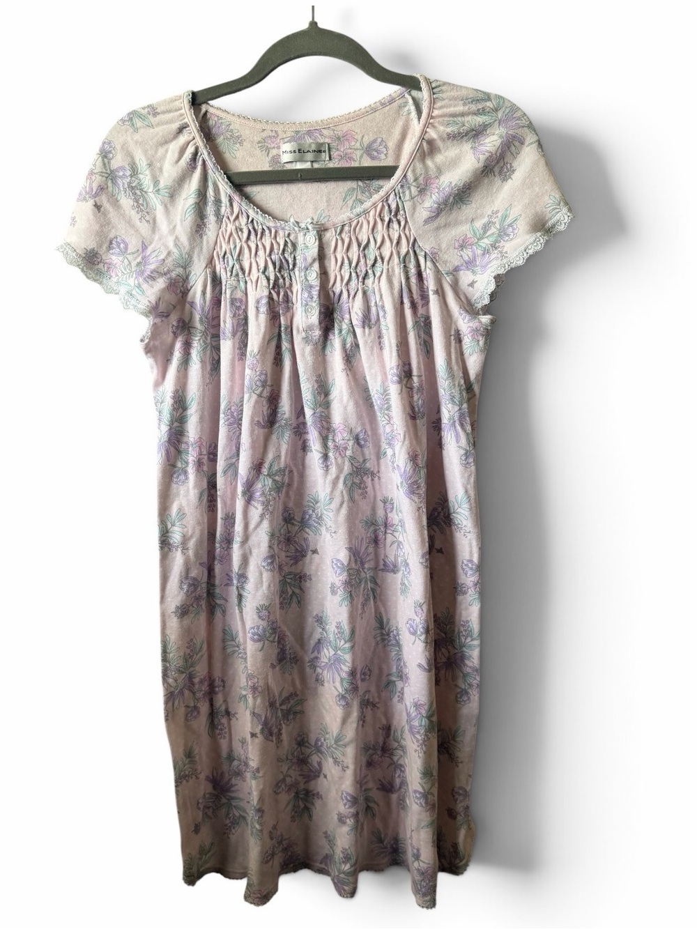 Miss Elaine Floral Knit Nightgown Smocked Short Flutter Sleeve Pullover M